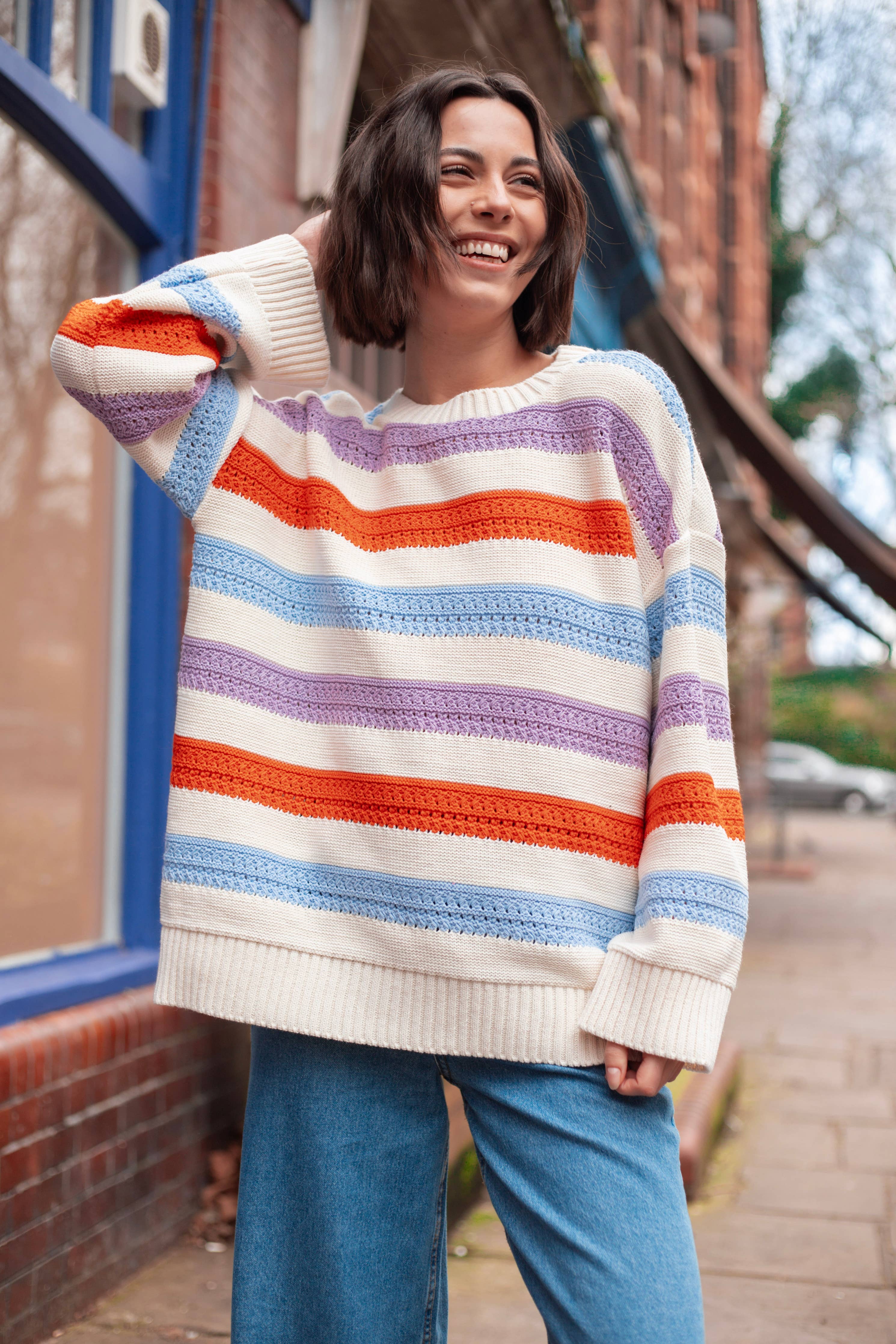 Lauren Rainbow Crochet Stripe Recycled Cotton Blend Jumper - White