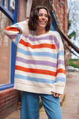 Lauren Rainbow Crochet Stripe Recycled Cotton Blend Jumper - White