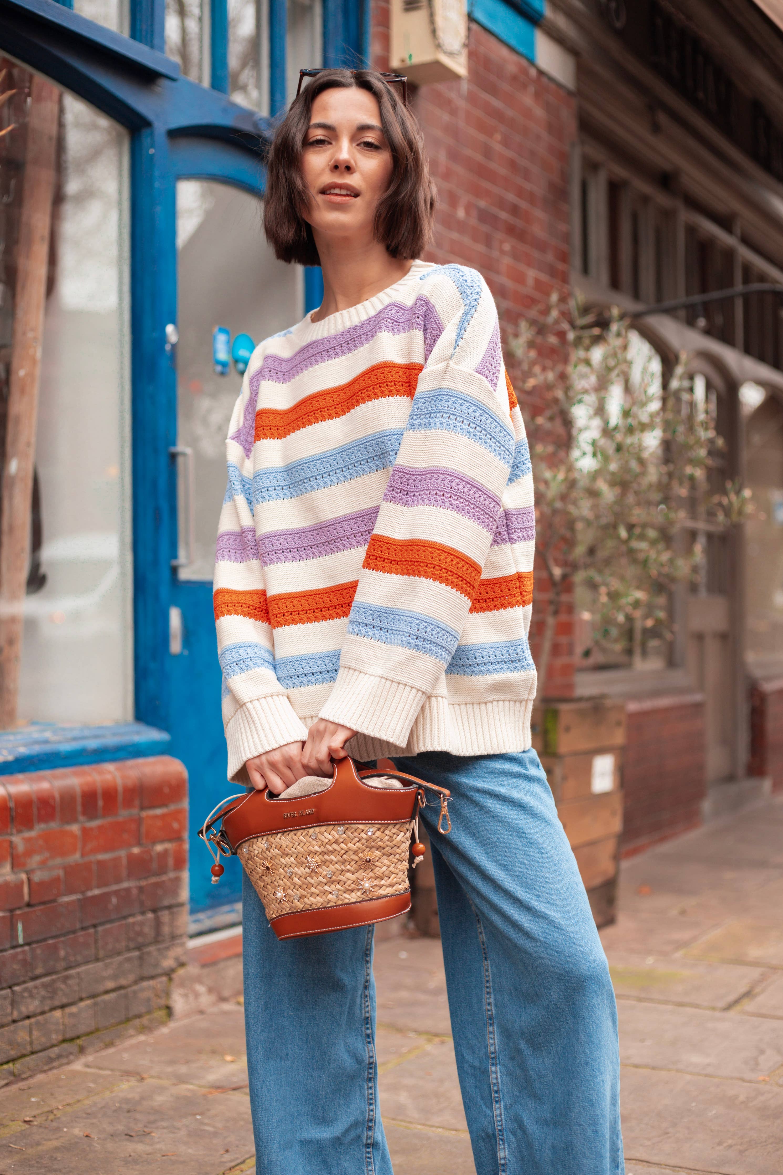 Lauren Rainbow Crochet Stripe Recycled Cotton Blend Jumper - White