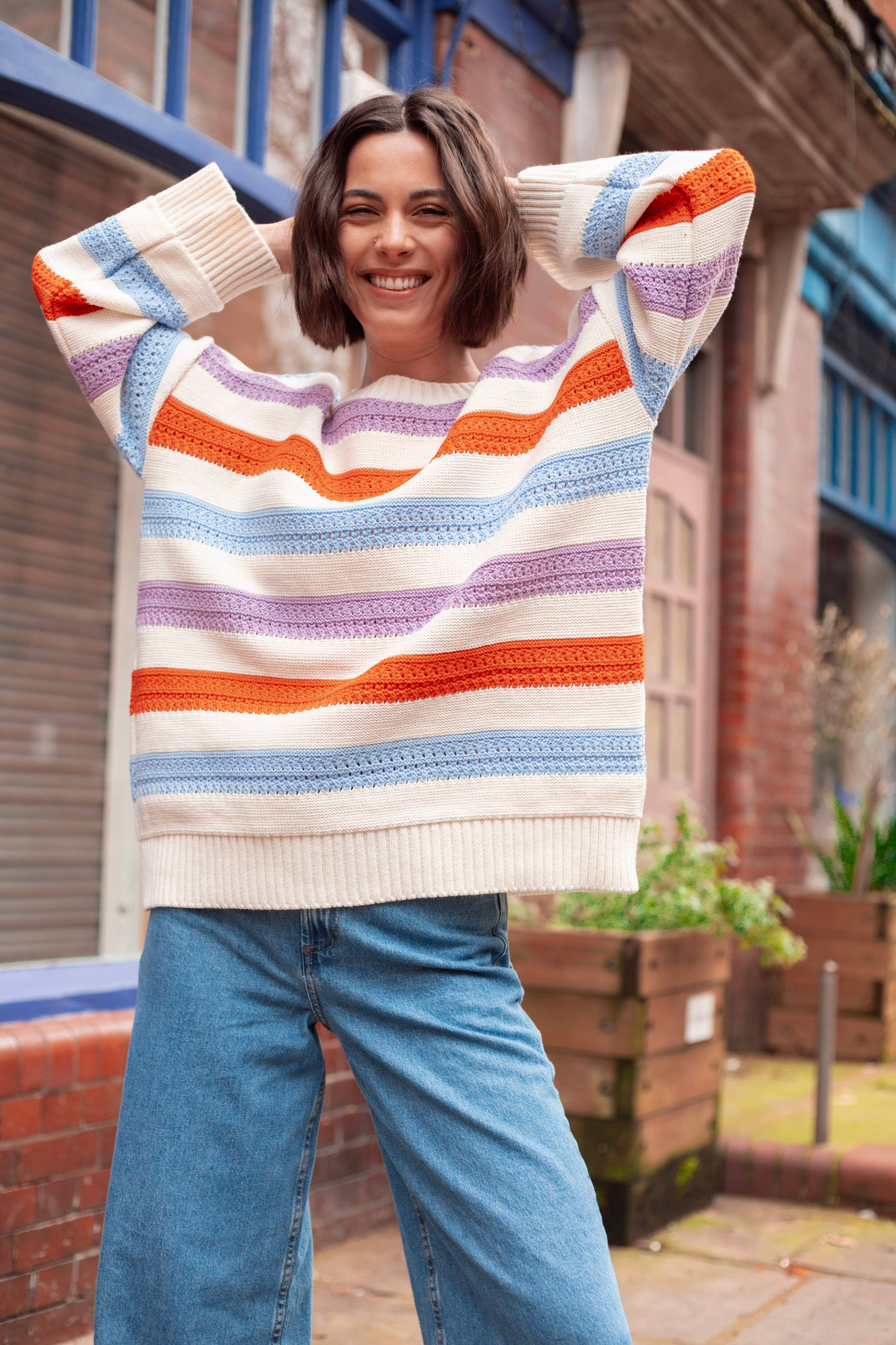 Lauren Rainbow Crochet Stripe Recycled Cotton Blend Jumper - White
