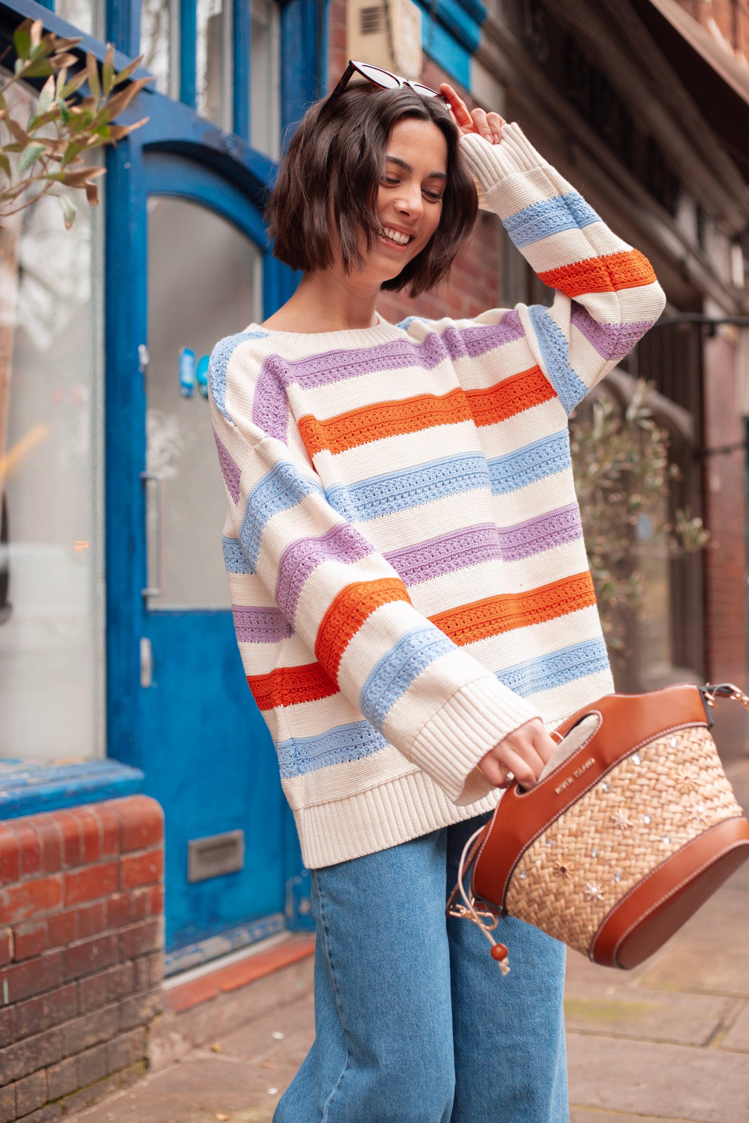 Lauren Rainbow Crochet Stripe Recycled Cotton Blend Jumper - White