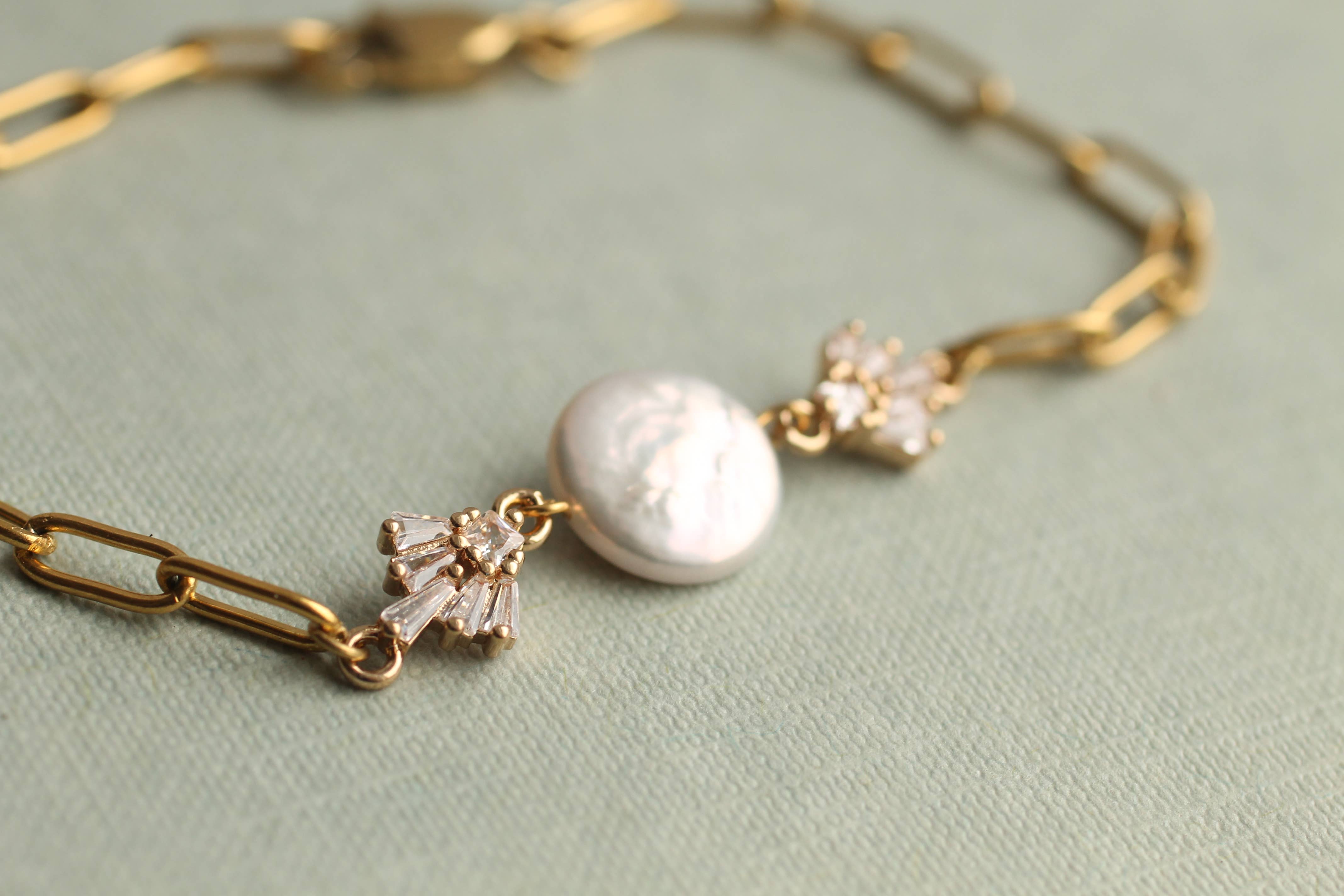 Gold Art Deco Freshwater Pearl Chain Bracelet