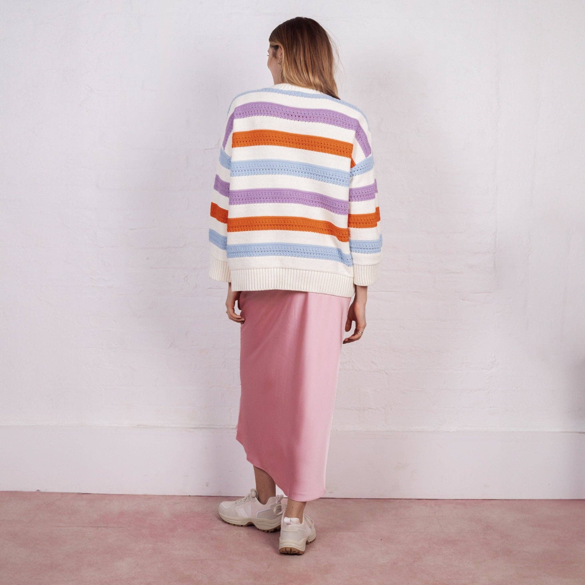 Lauren Rainbow Crochet Stripe Recycled Cotton Blend Jumper - White