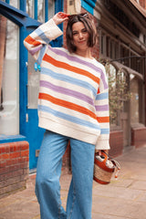 Lauren Rainbow Crochet Stripe Recycled Cotton Blend Jumper - White