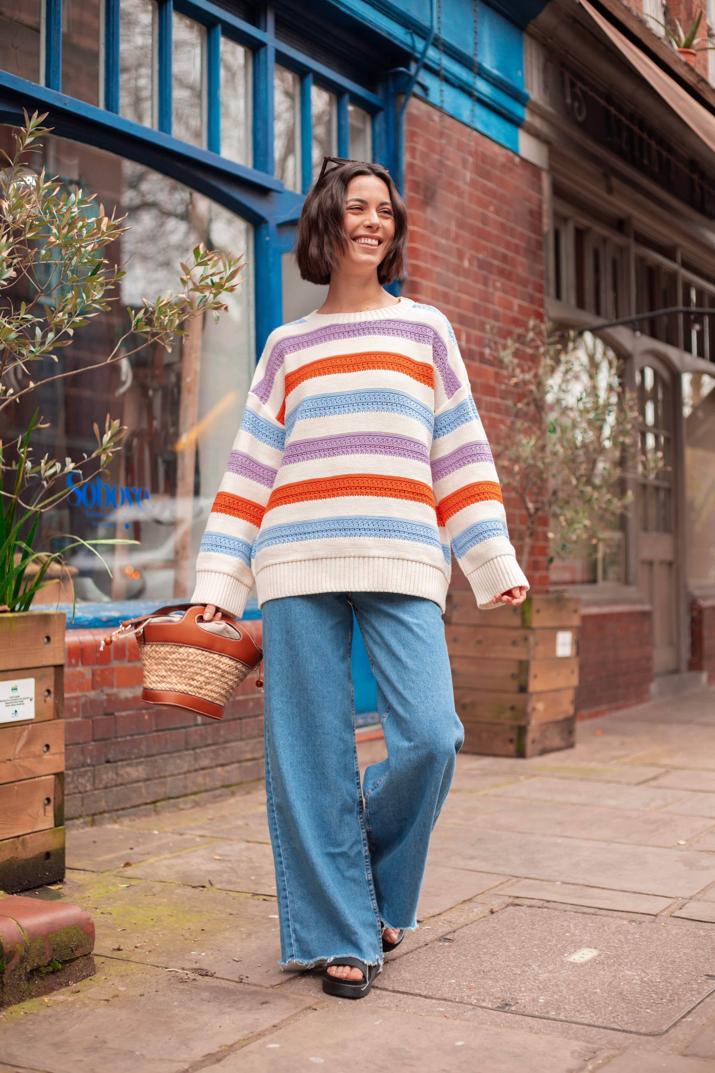 Lauren Rainbow Crochet Stripe Recycled Cotton Blend Jumper - White