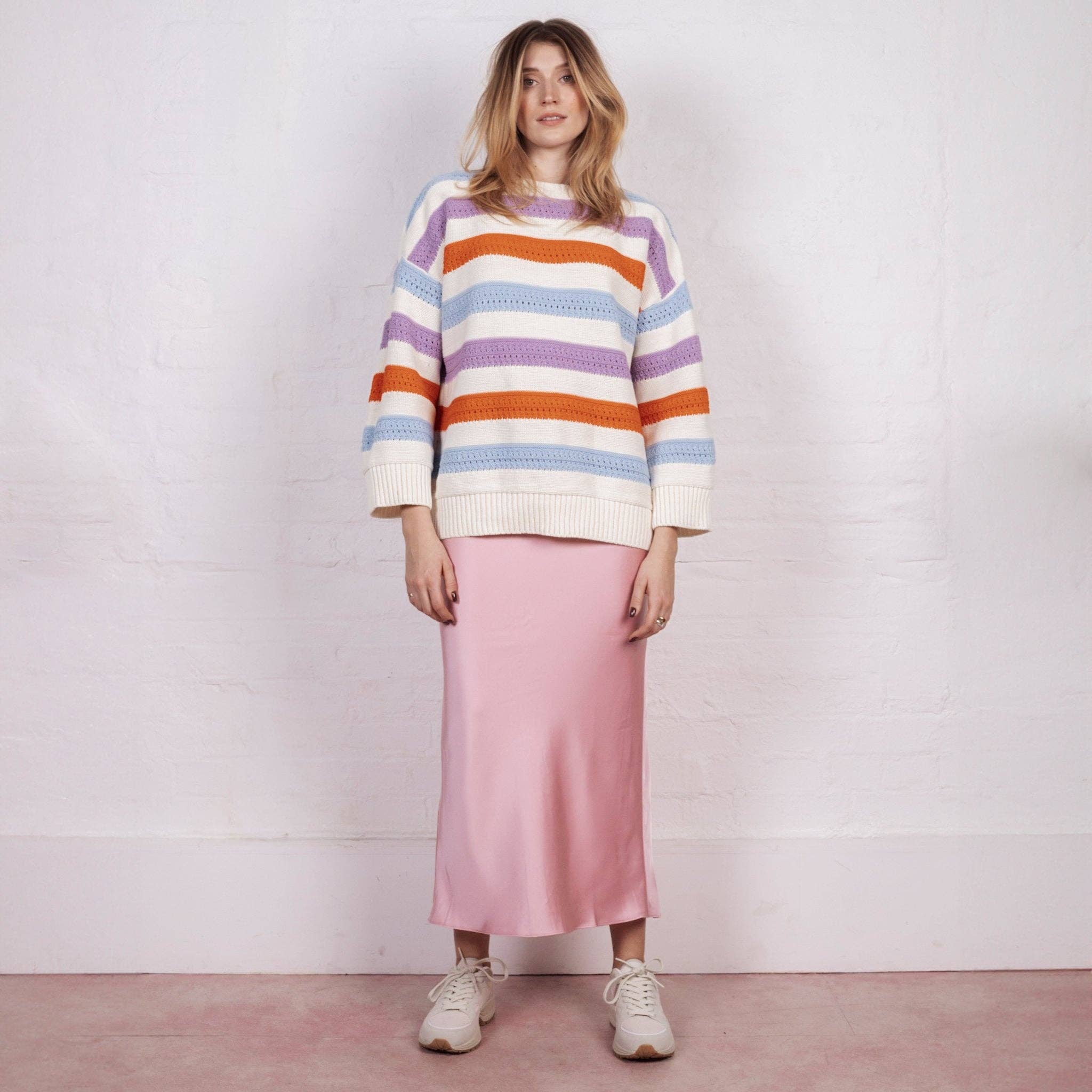 Lauren Rainbow Crochet Stripe Recycled Cotton Blend Jumper - White