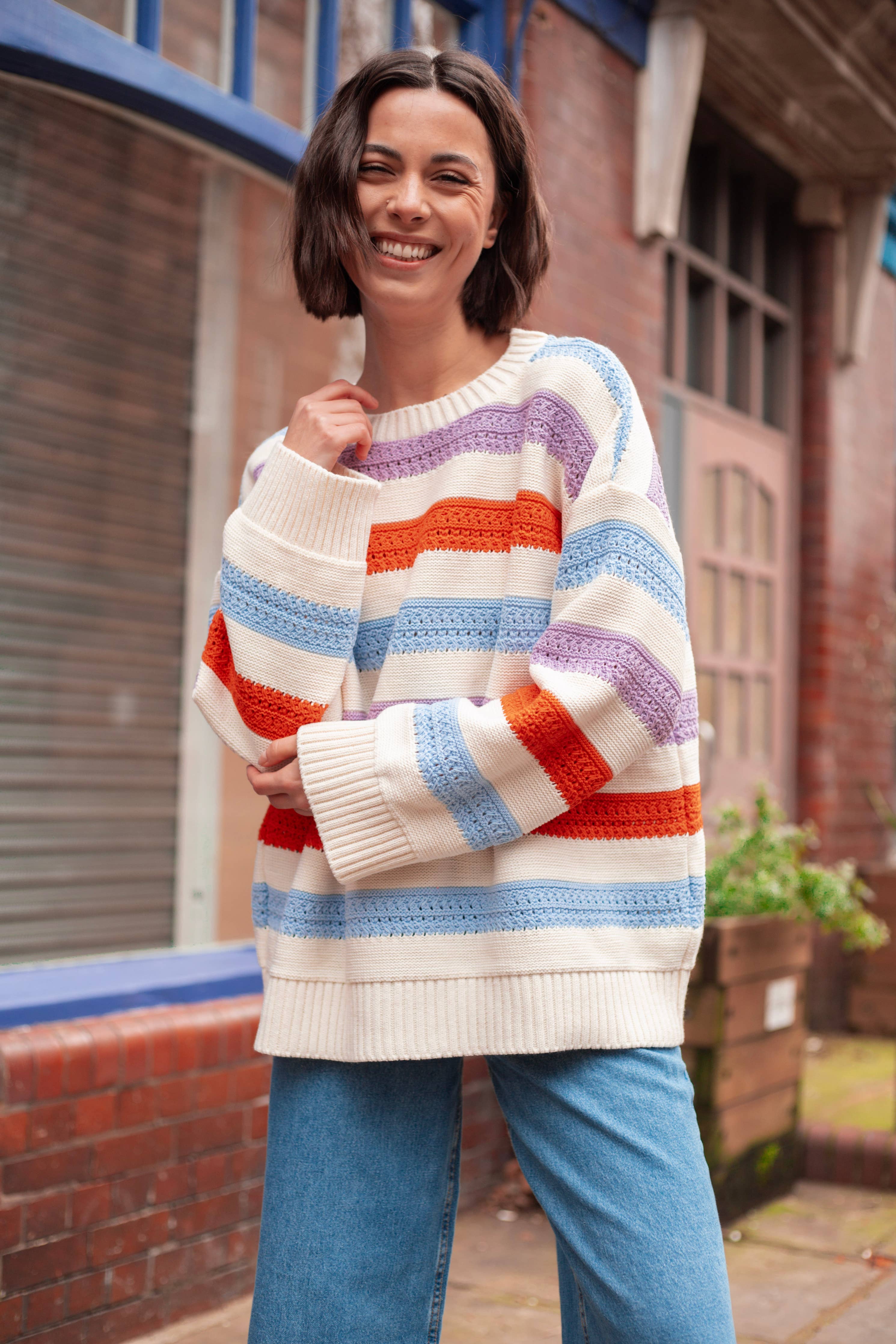 Lauren Rainbow Crochet Stripe Recycled Cotton Blend Jumper - White