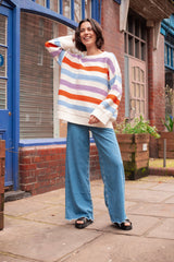 Lauren Rainbow Crochet Stripe Recycled Cotton Blend Jumper - White