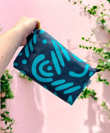 Handprinted Boxy Cosmetic Pouch - Turquoise & Dark Grey Squiggle