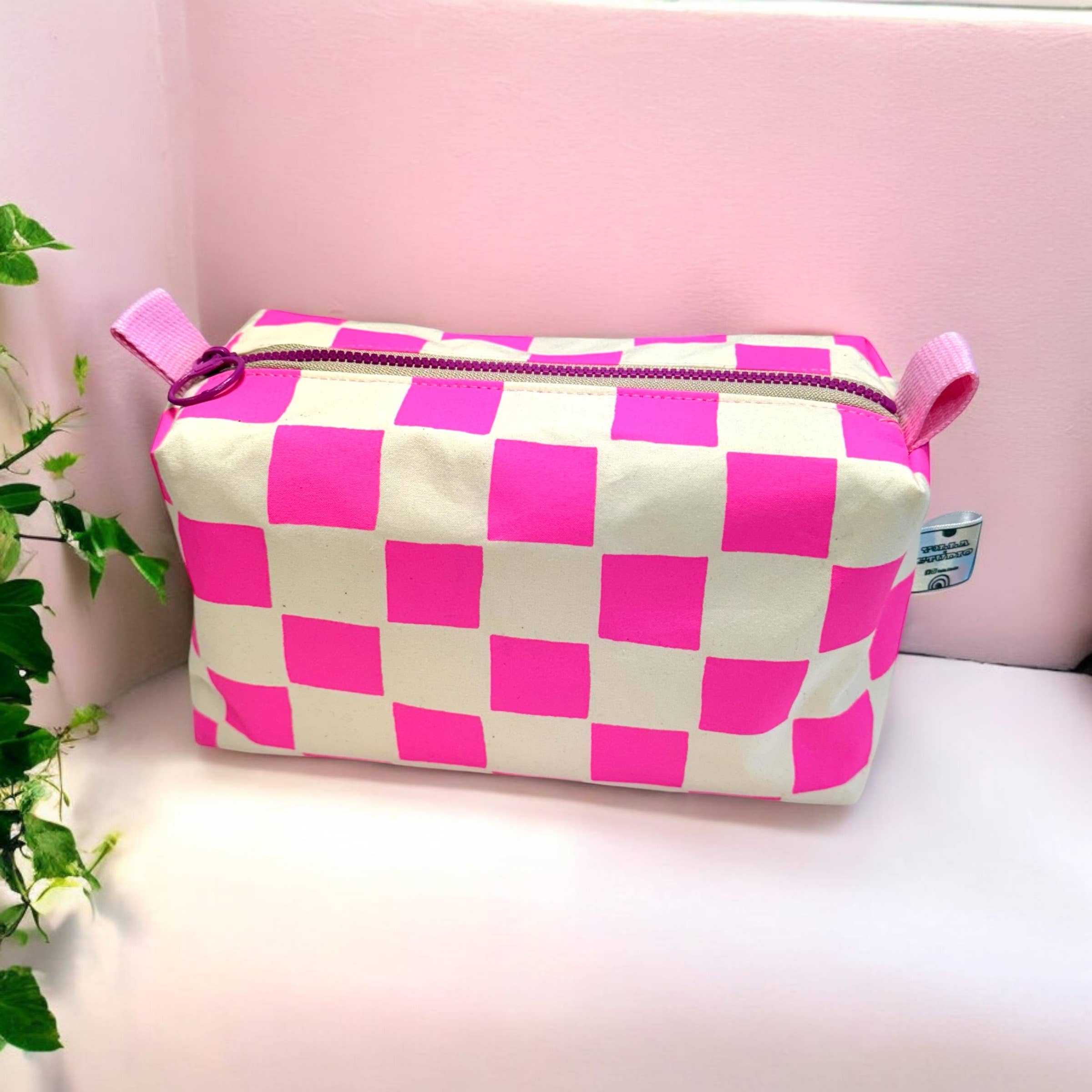 Handprinted Boxy Pouch - Pink & Natural Checkered