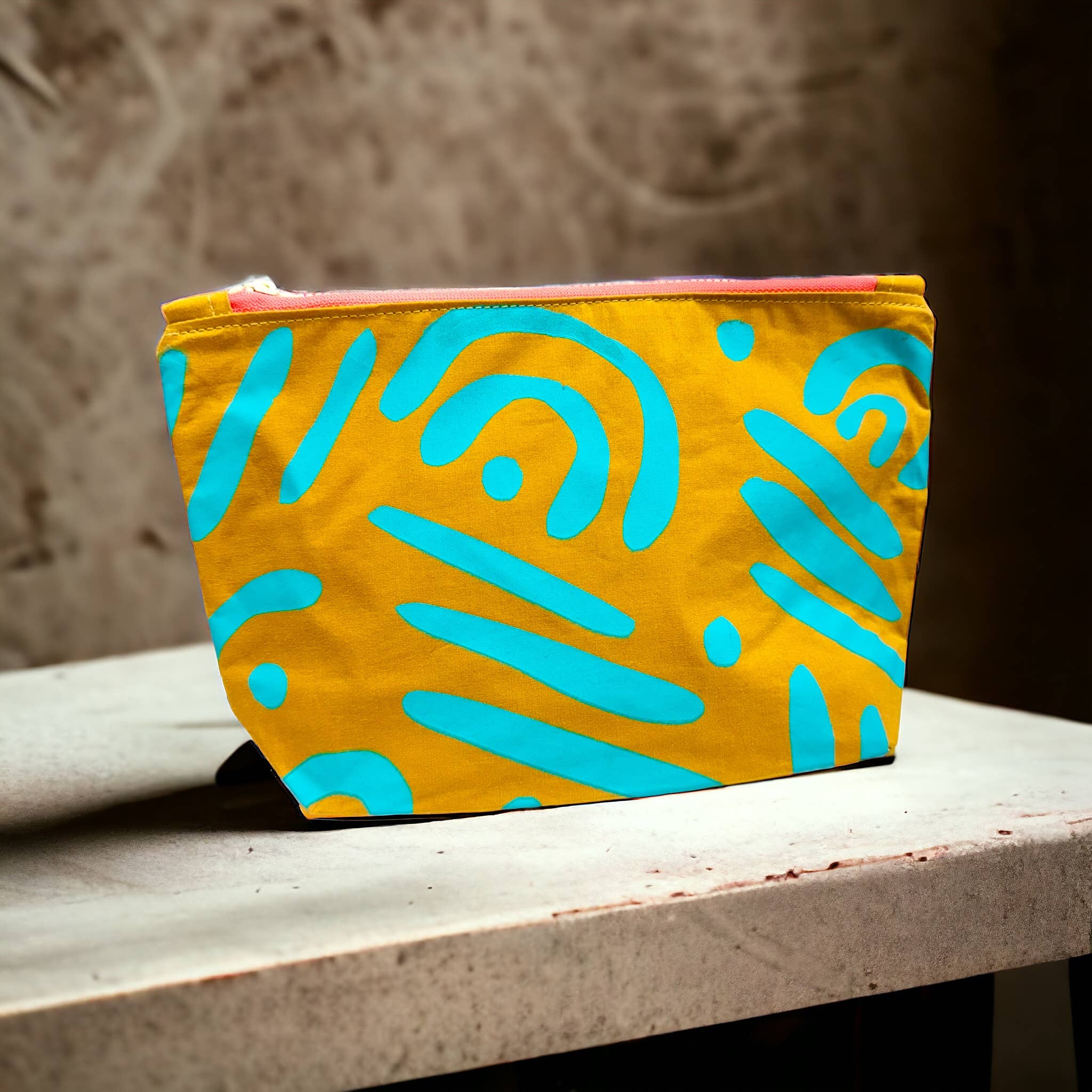 Handprinted Cosmetic Bag - Turquoise & Mustard Squiggle