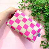 Handprinted Boxy Pouch - Pink & Natural Checkered