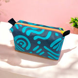 Handprinted Boxy Cosmetic Pouch - Turquoise & Dark Grey Squiggle