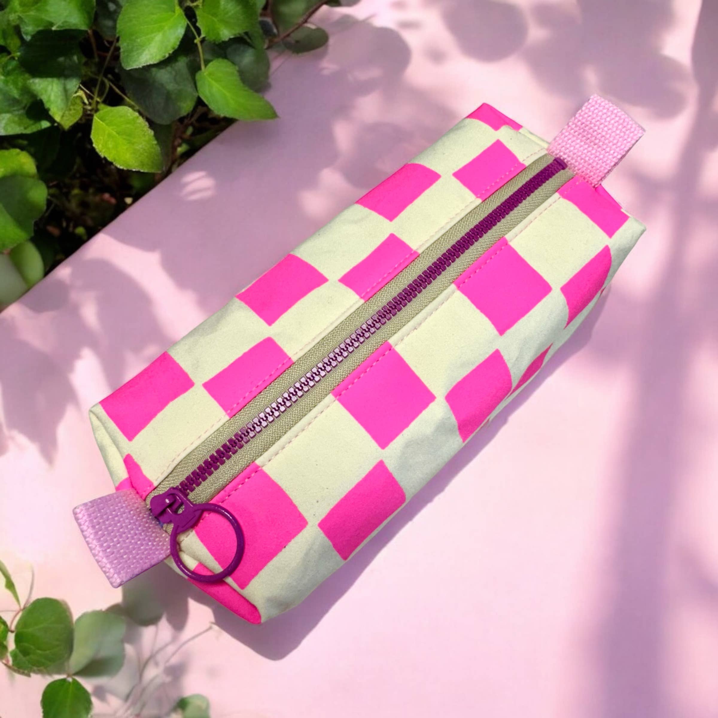 Handprinted Boxy Pouch - Pink & Natural Checkered