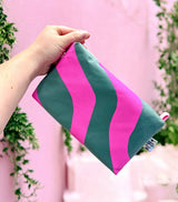 Handprinted Boxy Cosmetic Pouch - Pink & Teal Waves