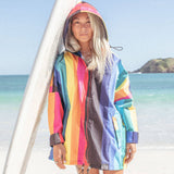 Person wearing a colorful raincoat on a beach with ocean and sky in the background
