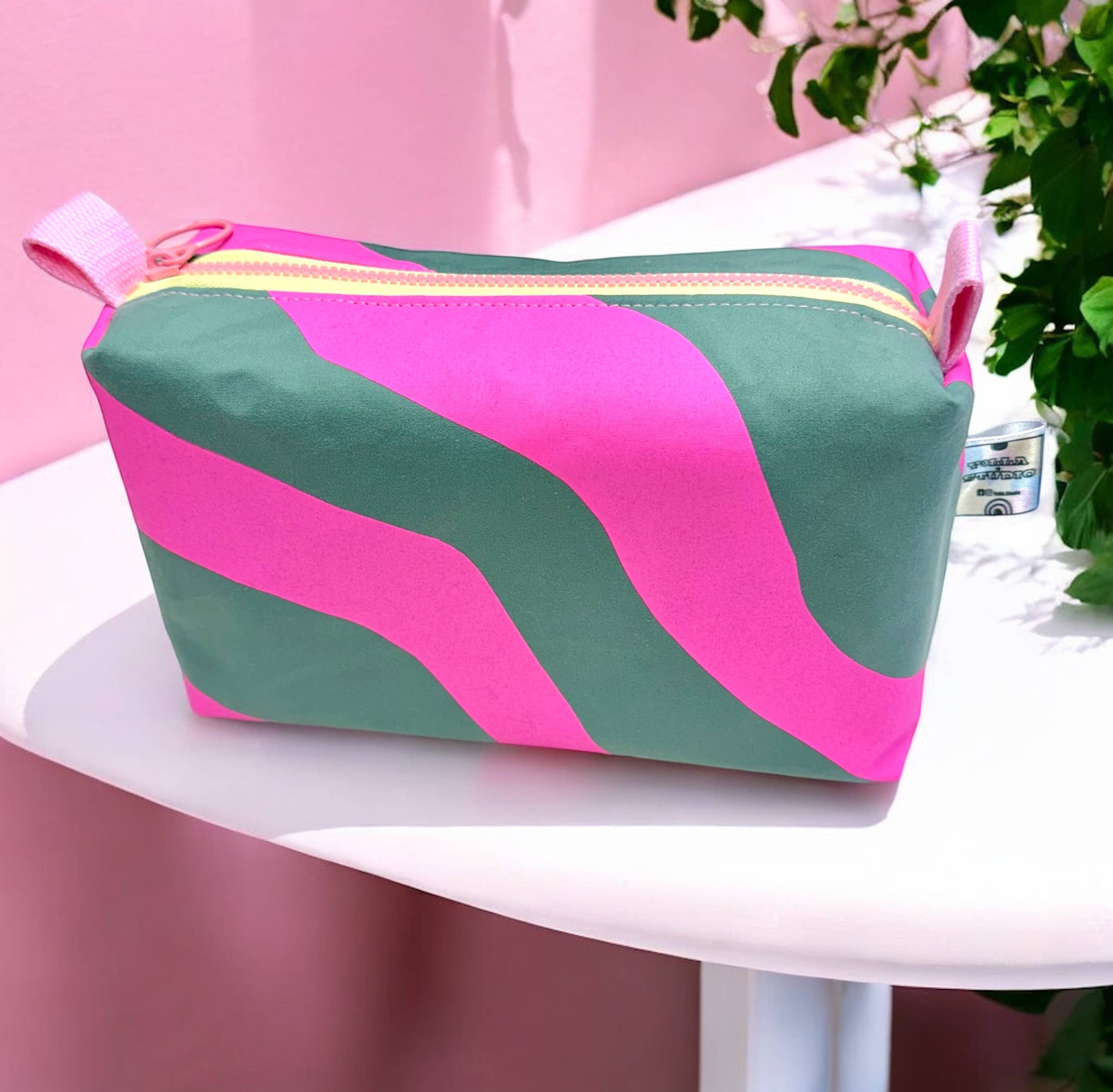 Handprinted Boxy Cosmetic Pouch - Pink & Teal Waves